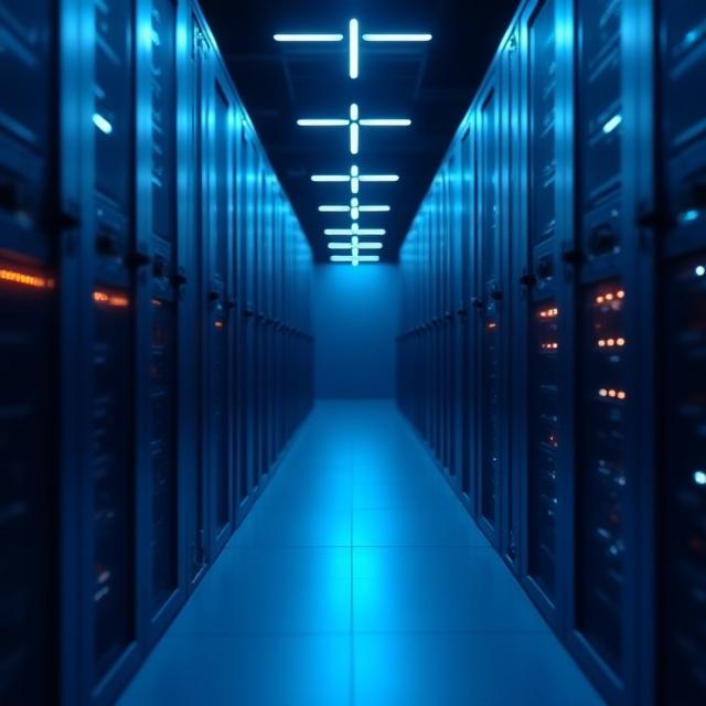 Modern data center server architecture with blue LED lighting