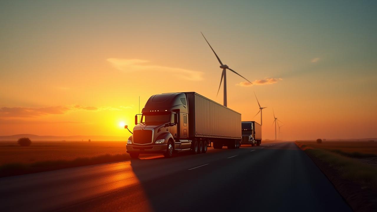 JP's Top Trucking fleet transporting massive wind turbine components at sunset