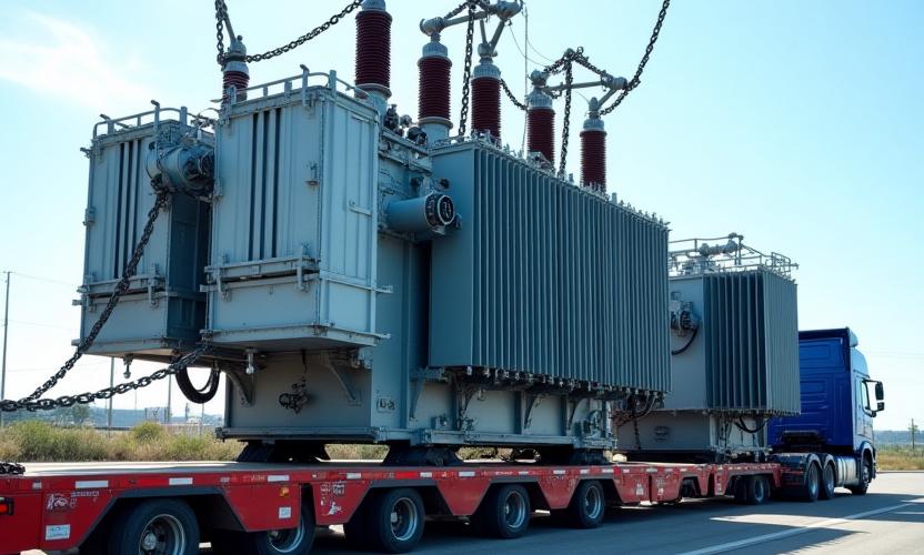 Massive 500kV transformer secured on a multi-axle heavy haul trailer