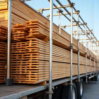 Steel beams secured on flatbed