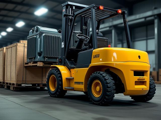 Forklift loading industrial freight onto a JP's Top Trucking flatbed trailer