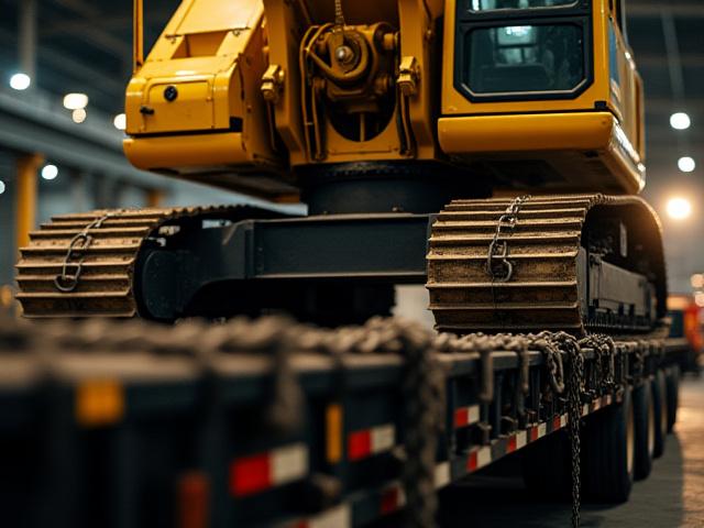 Caterpillar excavator loaded on a lowboy trailer