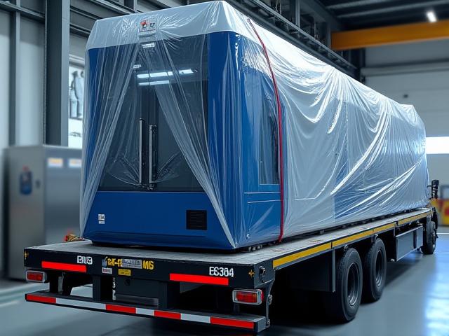 Industrial manufacturing press wrapped on a step-deck trailer