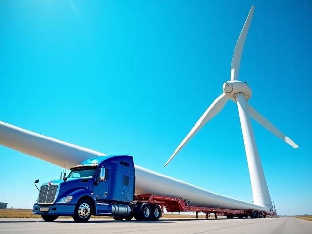 Massive wind turbine blade on extendable trailer