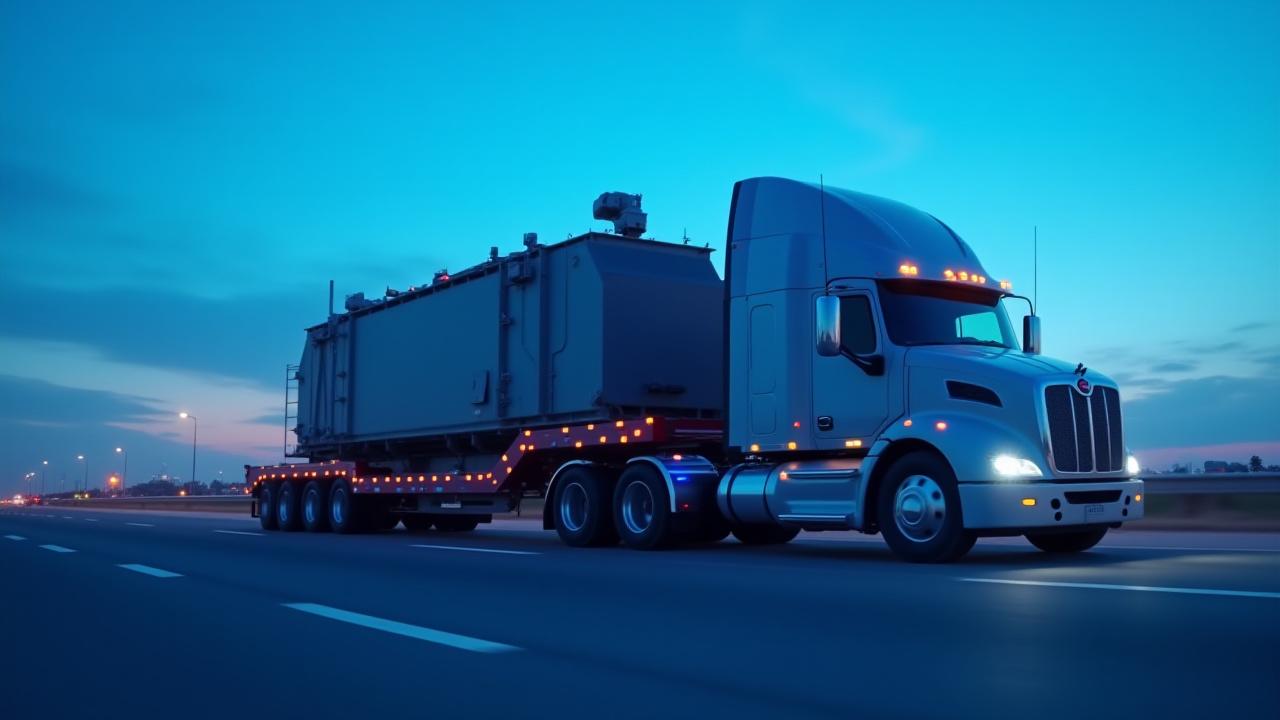 Specialized heavy haul trailer transporting a massive power transformer