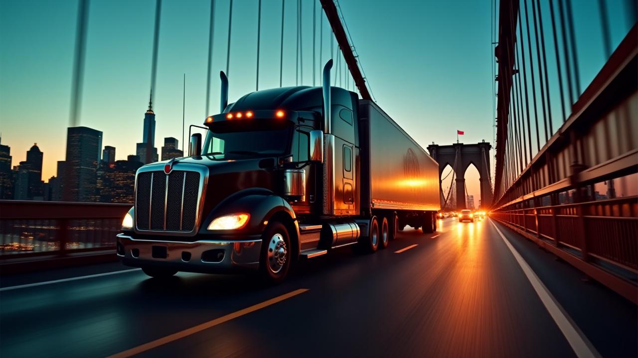 Heavy haul truck crossing the Brooklyn Bridge at sunset