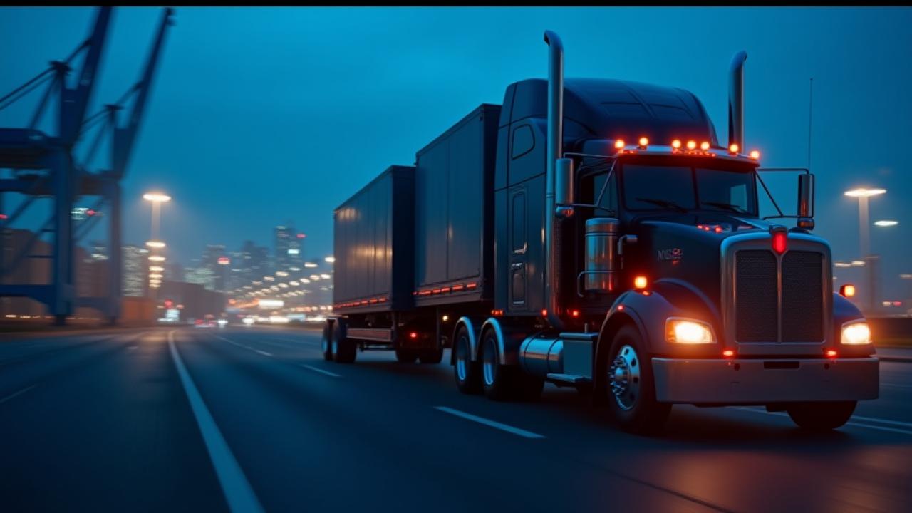 Heavy haul truck driving through New York industrial zone