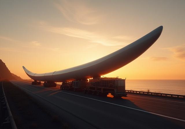 Wind turbine blade on a specialized heavy haul trailer