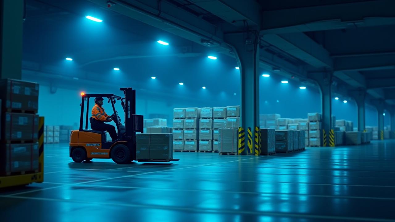 Logistics worker securing a pallet in a high-tech New York freight terminal