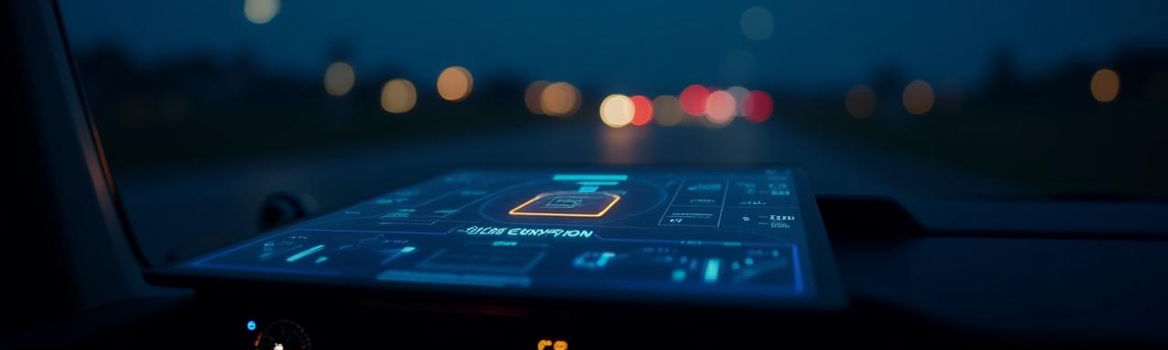 Close-up of a high-tech data encryption interface on a tablet sitting in a modern truck cabin, symbolizing the intersection of logistics and data security.
